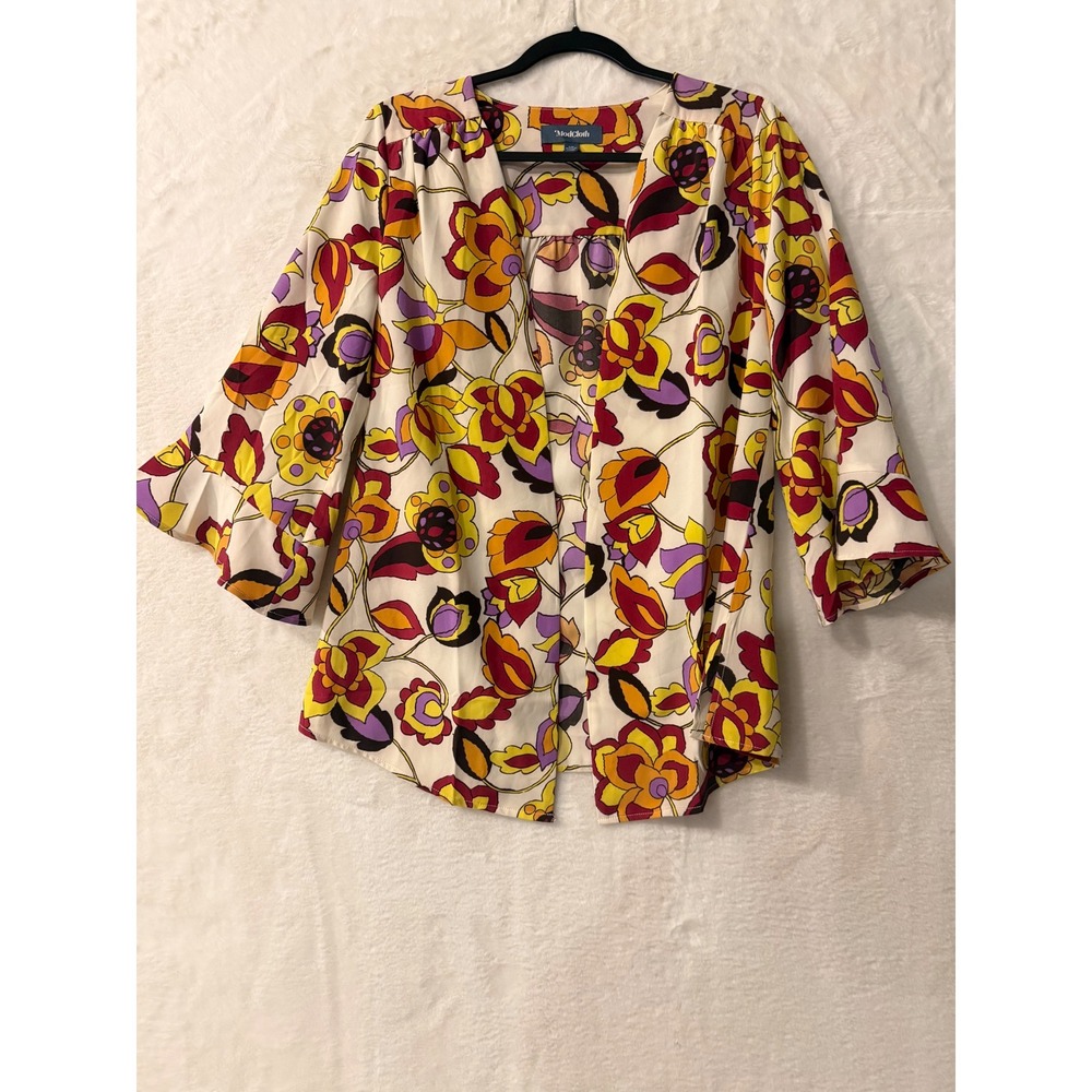 ModCloth Floral Kimono Top Bell Sleeve Open Front‎ Cardigan Yellow Red S/M